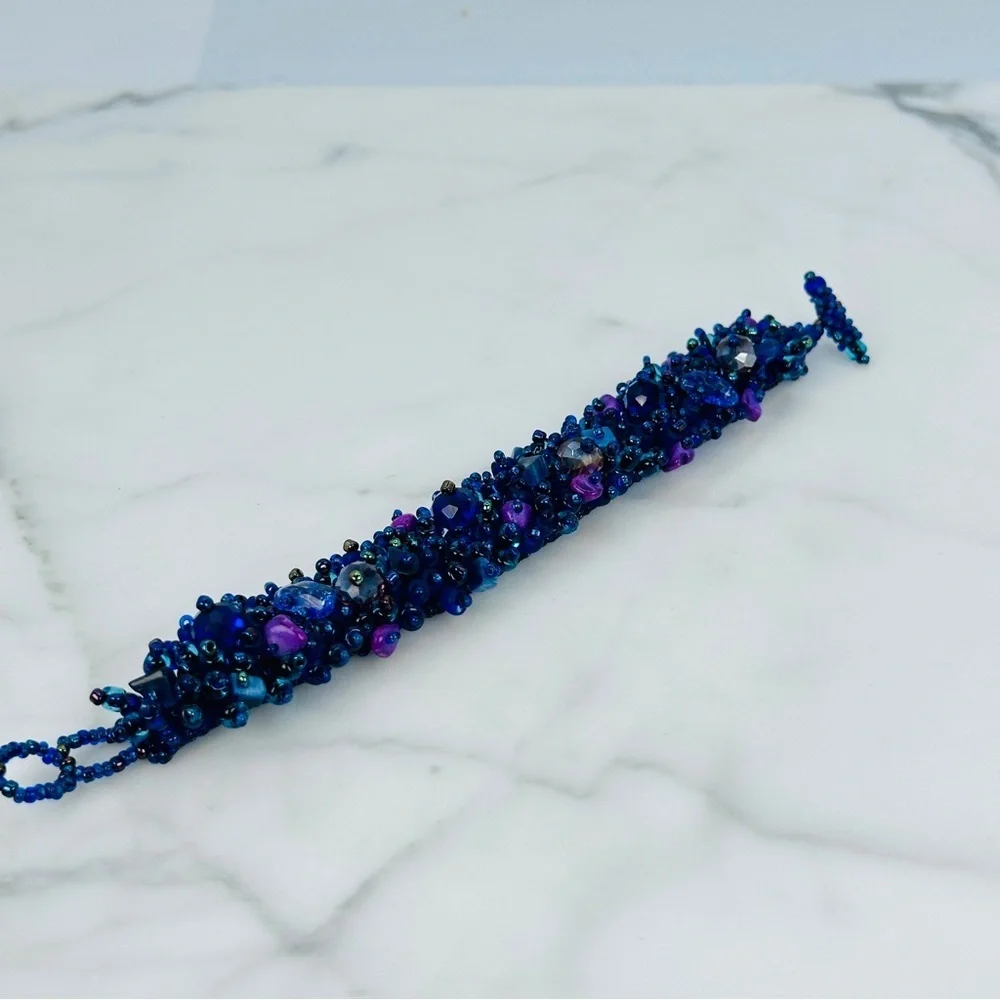 Purple and Blue Handmade Glass Bead Bracelet With Natural Stones Bead Stew 7”